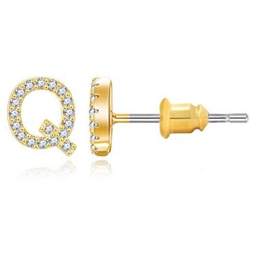 Imagem de Brincos com inicial folheados a ouro 14 K zircônia cúbica brincos de letras pequenas personalizados brincos de pino CZ pequeno para mulheres e meninas Dourado