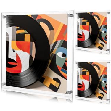 Imagem de Qunclay Pacote com 3 discos de vinil de acrílico flutuantes, suporte para exibição de parede, transparente, sem moldura, 31,78 cm x 31,8 cm, capa de álbum de música, moldura de vinil para decoração de