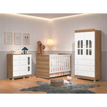 Imagem de Quarto de Bebê Completo com Guarda Roupa, Cômoda e Berço Katatau Branco/Mezzo - Rede Móveis