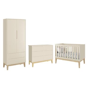 Imagem de Dormitório Completo Infantil Classic 2 Portas, Cômoda 6 Gavetas e Berço com Pés Madeira Natural - Reller Móveis Areia Fosco