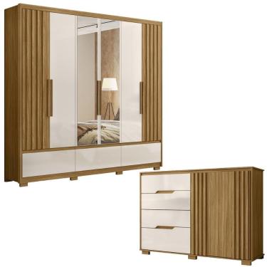 Imagem de Kit Guarda Roupa Casal Com Espelho Amazonas e Cômoda Texas Freijó off White