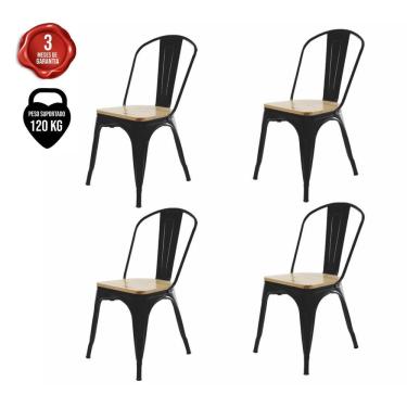 Imagem de Kit 4 Cadeiras Para Mesa De Jantar Cozinha Metal Tolix Iron Industrial Preta Assento De Madeira