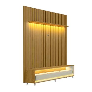 Imagem de Rack com Painel Ripado até 70 Polegadas Sintra com LED 3 gv Cedro e Off White Alt 218 Larg 222 cm
