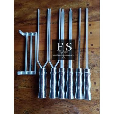 Imagem de Espetos para churrasco kit 6 espetos 65 cm em alumínio +suporte para espetos
