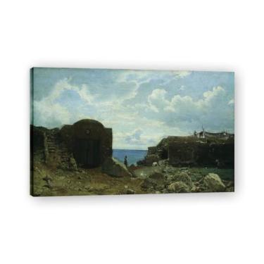 Imagem de Famosas impressões em tela. "Vila de pescadores" de Lev Lagorio, reproduções de arte clássicas, decoração de parede moderna para sala de estar escritório. Moldura interna de 40 x 65 cm - 15,7 x 25,6