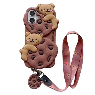 Imagem de Capa de urso 3D para iPhone 16 de 6,1 polegadas, desenho fofo kawaii, adorável personagem de ursinho de biscoito com pingente/forma de cordão, crianças, adolescentes, meninas, mulheres, capa de