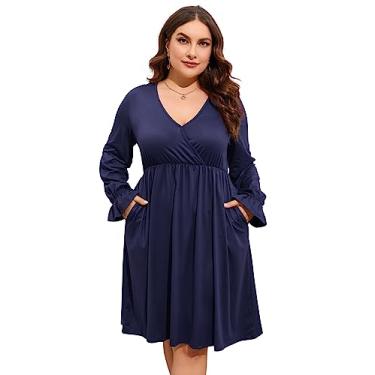 Imagem de ShopWonder Vestido plus size feminino, gola V, evasê, comprimento até o joelho, vestido rodado, plus size, minivestido de festa, Azul marino, 3G