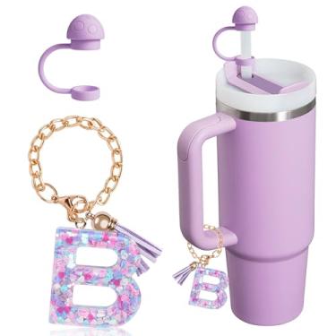 Imagem de HaimiLiya Capa de canudo com corrente de copo com letra inicial para acessórios Stanley Cup, tampa de palha de 10 mm, pingente de copo fofo, roxo