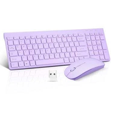 Imagem de Combo de teclado e mouse sem fio, compacto e silencioso, sem fio, conjunto de teclado e mouse de 2,4 G, design ultrafino e elegante para Windows, computador, desktop, PC, notebook, laptop (roxo)