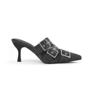 Imagem de AIUZO Sandálias femininas de salto jeans mules bico fino fechado salto alto stiletto sem cadarço frente única, Preto, 35