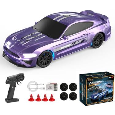 Imagem de Moonzeamus 1/43 Mini RC Drift Car 2.4G Full-Proportional 4WD MetalChassis 15KM/H High Speed RC Racing Car Model with LED Lights and Barricade Barrels RTR (Purple)
