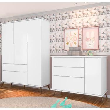 Imagem de Conjunto Infantil Guarda Roupa e Cômoda Tina 100% MDF Branco Semi Bril