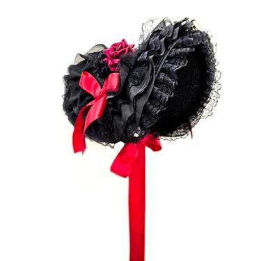 Imagem de CUNLLY Chapéu de palha vintage gótico vitoriano de renda para festa do chá Lolita meninas flores chapéu preto, Preto com rosa vermelha, tamanho �nico