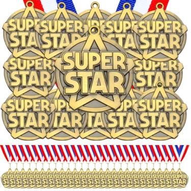 Imagem de Quelay 60 medalhas de ouro com fitas de pescoço Medalhas de vencedor de 5 cm Prêmio Troféu de Metal a granel Prêmio Presente para Torneios Educacionais Competições Adultos Evento (Super Star)