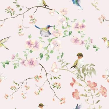 Imagem de VaryPaper Papel de parede floral de beija-flor rústico de 44 x 190 cm, papel de contato floral decorativo roxo/rosa para gavetas de armários, papel de parede mural autoadesivo removível para quarto de