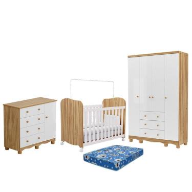 Imagem de Dormitório Júnior Guarda Roupa 4 Portas, Cômoda 1 Porta e Berço Uli com Colchão Baby Physical - Móveis Peroba