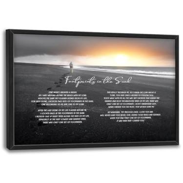 Imagem de Arte de parede grande de Jesus Cristão Pegadas na Areia Imagens Decoração de Parede Religiosa em Tela de Praia Preto e Branco Pintura Emoldurada Decoração para Igreja Quarto Sala de Estar Escritório