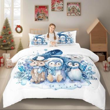 Imagem de Jogo de cama infantil com tema de inverno, presente de Natal, 6 anos, decoração moderna, animais de desenho animado, pinguim, com 1 fronha para todas as estações, solteiro