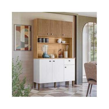 Imagem de Cozinha Compacta Kits Paraná Style 6 Portas 1 Gaveta Ripado Freijó Puxador Inox Pés Reguláveis