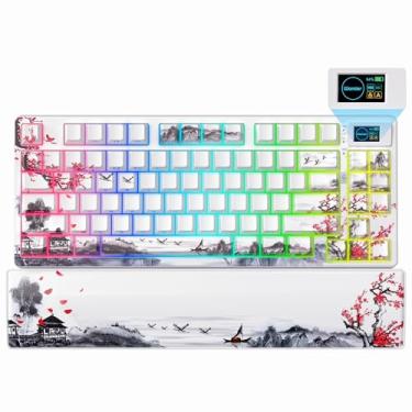 Imagem de Womier Tema 75% teclado para jogos sem fio com tela multimídia colorida, teclado mecânico SK80 PRO 3 modos de troca a quente com descanso de pulso, teclado RGB personalizado para Mac/Win, vermelho