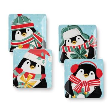 Imagem de Pratos de sobremesa Christmas Whimsy Pinguim – Conjunto de 4 pratos quadrados de cerâmica com desenhos divertidos de pinguim, utensílios de mesa de inverno para biscoitos, bolos, lanches e