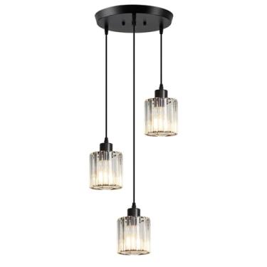 Imagem de ROCUNSI Luminária pendente de cristal de 3 luzes, luminária suspensa ilha de cozinha, iluminação pendente preta para cozinha, quarto, corredor, luminárias de sala de jantar, base E26, persiana de