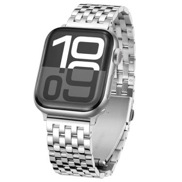 Imagem de Tasikar Correia metálica compatível com Apple Watch 49 mm 46 mm 45 mm 44 mm para homens e mulheres, correias de substituição de aço inoxidável para iWatch Ultra SE série 10 9 8 7 6 5 4 3 2 1, prata