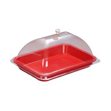 Imagem de Fenteer Suporte para bolo com tampa de cúpula para comida, elegante prato retangular para servir, bandeja com tampa para buffet de casamento, cozinha para, Vermelho