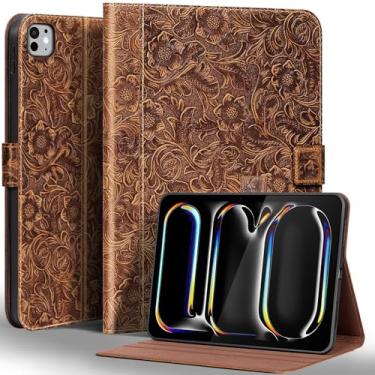 Imagem de Gexmil Capa de couro genuíno para iPad Pro de 13 polegadas M4 2024 com fecho magnético, suporte ajustável, capa protetora à prova de choque de couro de primeira linha inteligente, hibernar/despertar