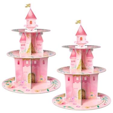 Imagem de ANGOLIO Pacote com 2 suportes para cupcake de princesa, 3 camadas, princesa, aniversário, festa, papelão, cupcake, decoração, castelo rosa, floral, sobremesa, torre, suprimentos de festa para crianças