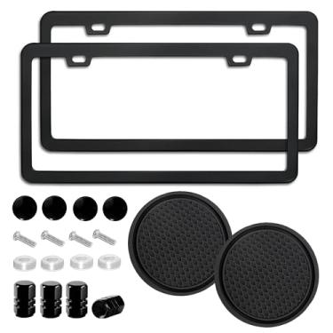 Imagem de 2 molduras de placa de carro preto fosco premium, suporte de alumínio sólido à prova de ferrugem com 2 furos, moldura universal de carro para mulheres e homens, incluindo parafusos