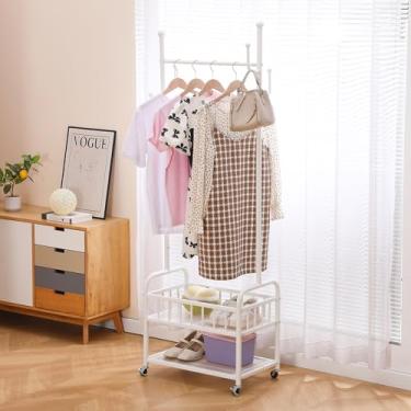 Imagem de BOOSDEN Suporte de roupas de deck duplo com rodas, suporte de metal resistente, suporte de roupas com rodinhas com cesta de armazenamento, cabide para pendurar casacos, camisas, vestidos, sapatos