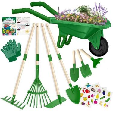 Imagem de Conjunto de ferramentas de jardinagem Qtioucp Kids com carrinho de mão