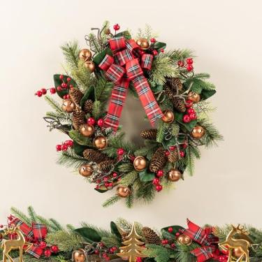 Imagem de Glitzhome Guirlanda de Natal para porta da frente, guirlanda de Natal com sinos, laços de pinhas e frutas vermelhas, guirlandas de Natal para decoração ao ar livre para parede ou varanda
