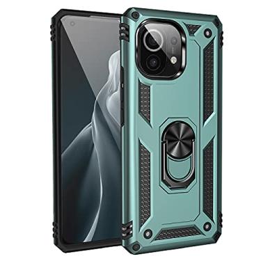 Imagem de SORAKA Capa para Xiaomi Mi 11 com suporte de anel capa armadura Xiaomi Mi 11 capa traseira de policarbonato rígido com placa de metal para suporte magnético de telefone carro verde escuro