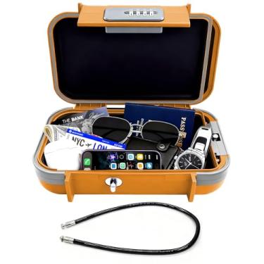 Imagem de Eikovia Caixa de segurança portátil com código – Cofre pequeno de viagem para telefone, chaves e cartões – Caixa de segurança de plástico ABS à prova d'água com cabo de aço ajustável – perfeita para