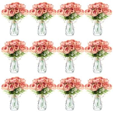 Imagem de Zeyune Pacote com 37 flores de peônias artificiais com vaso de botão, 24 pacotes de buquês de peônias de seda, 12 vasos de plástico transparente com 1 corda de flores falsas para vasos de mesa (café