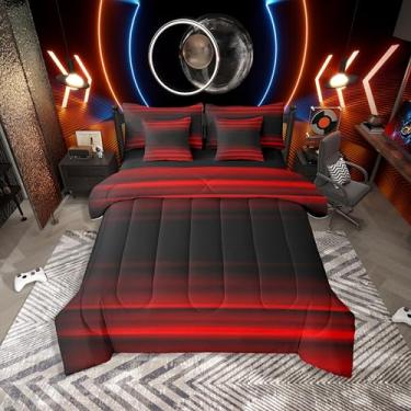 Imagem de Erosebridal Conjunto de cama solteiro moderno de 7 peças, estampa 3D, ombré, arte abstrata, brilhante, gradiente, em uma bolsa, vermelho e preto