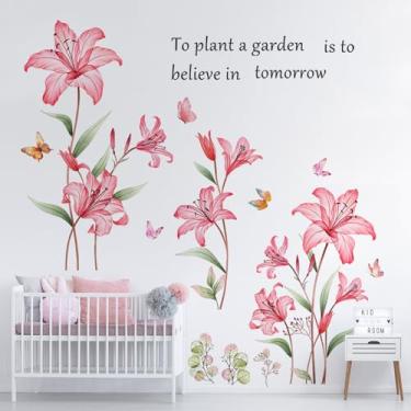 Imagem de Lilacanthara Decalques de parede de flor de lírio rosa floral borboleta planta adesivos de parede decalque de flor para paredes quarto sala de estar sofá TV fundo berçário decoração de escritório em