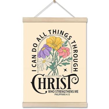 Imagem de GiftHow Arte de parede cristã, impressão de versículo bíblico com design floral, pôster de tela enrolada inspirador, pronto para pendurar em casa, igreja (Filipenses 4:13 I can do all things, 30,5 cm