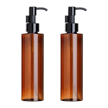 Imagem de Pacote com 2 frascos de loção de plástico âmbar de 200 ml, dispensadores de sabão recarregáveis com cabeça de bomba preta para xampu, removedor de maquiagem, óleo, recipientes cosméticos