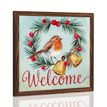 Imagem de Placa de boas-vindas decorativa de madeira emoldurada placa de decoração de Natal placa de inverno Robin e bagas arte de parede para Natal, entrada, casa 20 x 20 cm