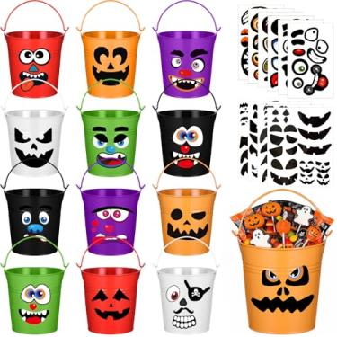 Imagem de Roowest Balde de metal pequeno de 12 peças de 10,5 cm com conjunto de adesivos de Halloween, mini balde de metal colorido, recipiente galvanizado para suculentas, flores, plantas, sala de aula