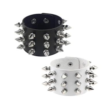Imagem de Conjunto de 2 a 4 peças de pulseiras punk de couro sintético com rebite de ponta, gótico, unhas largas, cravejadas, botão de pressão, pulseira para mulheres, homens, rock, ajustável, Halloween