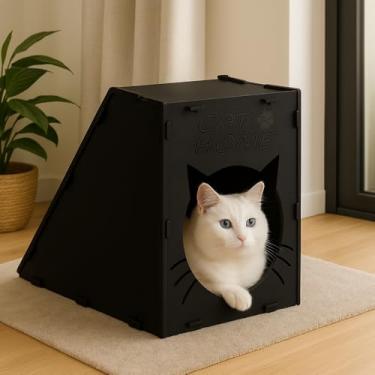 Imagem de BOXFAN Rampa para Gatos Arranhador Casinha Abrigo Toca Nicho Gatinho com Carpete Mdf Preto Resistente Casa Cama de Gato com Carpete Playground Gatificação Diversão Brinquedo Antiestresse