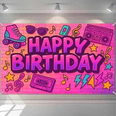 Imagem de HOMETITUTE Banner retrô feliz aniversário gradiente parede tijolo design com patins fitas cassete boombox relâmpago estrelas notas musicais grafite aniversário banner para adolescentes 71 x 43