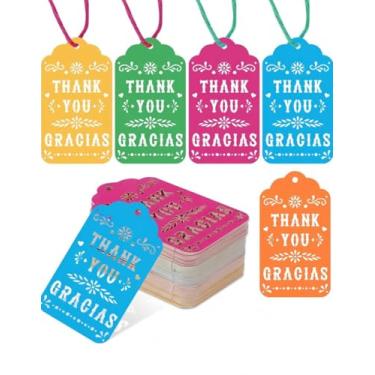 Imagem de KARAQY 100 etiquetas de presente mexicano Fiesta Papel Picado Thank You com cordão, 6 cores etiquetas de presente de festa mexicana para aniversários, chás de bebê, casamentos