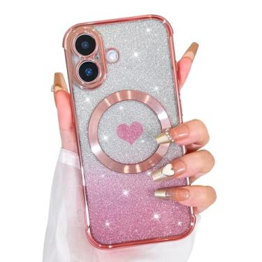 Imagem de Bonoma Glitter magnético para iPhone 17 [compatível com MagSafe], capa luxuosa com estampa de coração de amor, proteção para câmera, capa traseira macia e brilhante para mulheres e meninas, rosa
