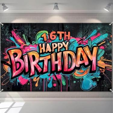 Imagem de HOMETITUTE Faixa de feliz aniversário de 16 anos, estilo grafite, salpicos de tinta, pano de fundo com balões, flores, velas, faixa fotográfica, para adolescentes ao ar livre, férias, fotografia