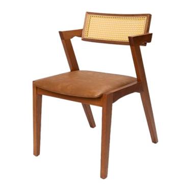 Imagem de Cadeira de Jantar Estofada Base Madeira Maciça Encosto em Rattan Natural - Stter Couro Marrom